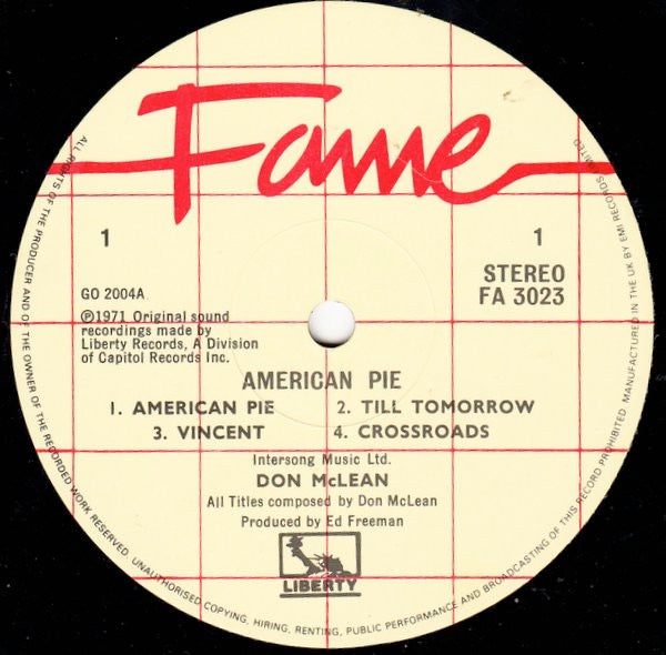 Image of Label Cover of 4614012C: 12" - DON MCLEAN, American Pie (Fame; FA 3023, UK 1982 Reissue) Strong VG, Light creasing to sleeve  VG/VG