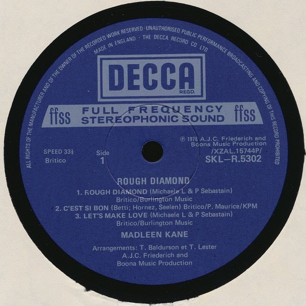 Image of Label Cover of 4614131C: LP - MADLEEN KANE, Rough Diamond (Decca ; SKLR 5302, UK 1978) Some very light creases to sleeve - strong VG. Vinyl has only some light marks.  VG/VG