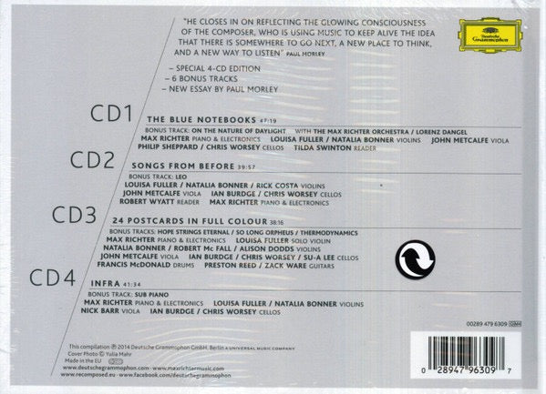 Image of Back Cover of 4xCD - VG+/VG+ - MAX RICHTER, Retrospective (Deutsche Grammophon; 479 6309 G M4, Europe 2014, Book Sleeve), Nice copy showing minimal sign of use.,  - 0516059C