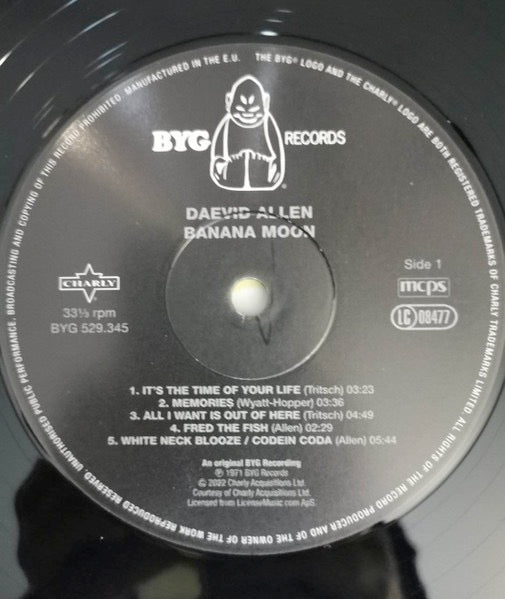 Image of Label Cover of 4614127C: LP - DAEVID ALLEN, Banana Moon (BYG Records; BYG 529.345, Europe 2022 Reissue, Insert) Opened Instore  EX/EX