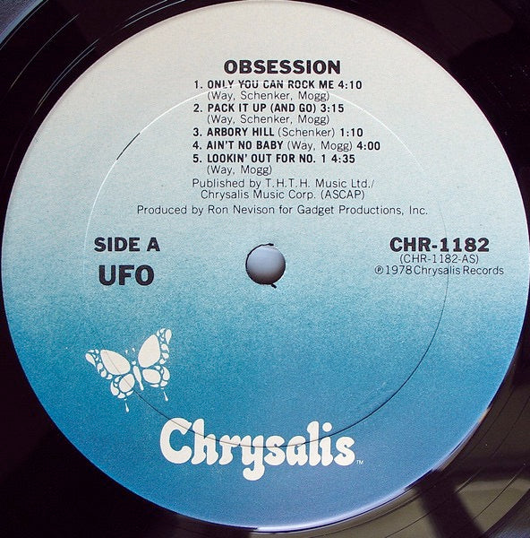 Image of Label Cover of 4614129C: LP - UFO, Obsession (Chrysalis; CHR 1182, US 1978, Terre Haute Pressing) Cut-out (Corner cut)  VG/VG+