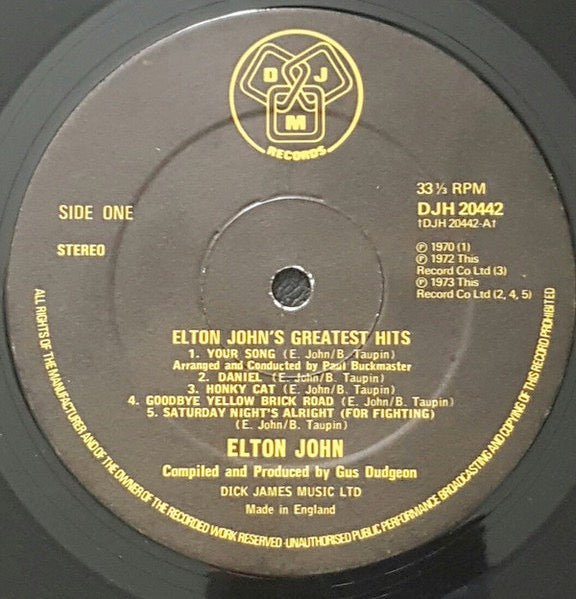 Image of Label Cover of 4614130C: LP - ELTON JOHN, Greatest Hits (DJM Records; DJH20442, UK 1976 Reissue, Die Cut Inner) Strong VG  VG/VG