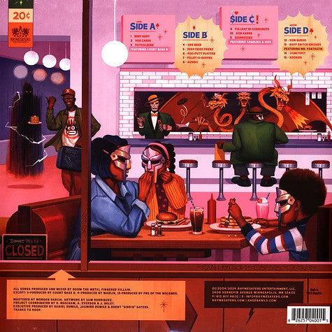 Image of Back Cover of 2xLP - NEW/NEW - MF DOOM, Mm..Food (20th Anniversary Edition) (Rhymesayers Entertainment; RSE400LPC1, US 2024 Reissue, Gatefold, Sticker, Sweetart Marble Effect Vinyl), , "Mm..Food" gets a 20th anniversary reissue! Abstract lyricism and innovative production; DOOM's signature style of intricate wordplay, dark humour, and storytelling, combined with dusty, lo-fi production and comic book-style shenanigans helped make DOOM a hip-hop legend. This "Sweetart Marble" vinyl reissue with alte