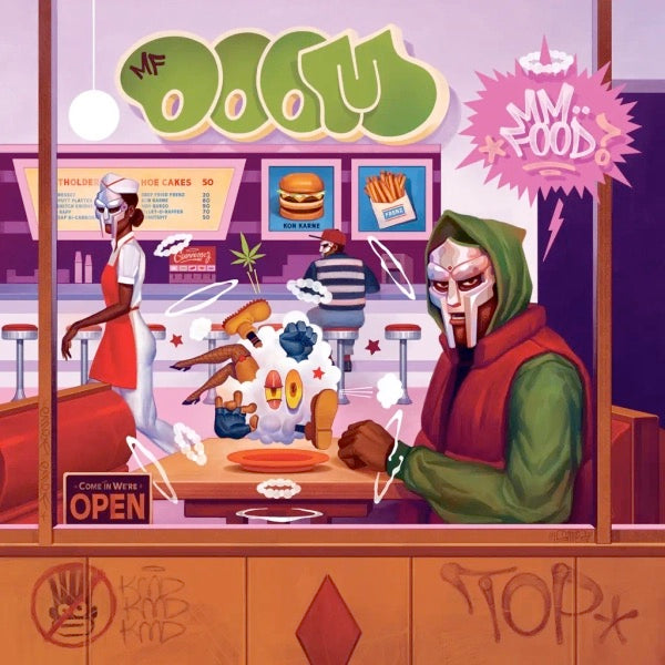 Image of Front Cover of 2xLP - NEW/NEW - MF DOOM, Mm..Food (20th Anniversary Edition) (Rhymesayers Entertainment; RSE400LPC1, US 2024 Reissue, Gatefold, Sticker, Sweetart Marble Effect Vinyl), , "Mm..Food" gets a 20th anniversary reissue! Abstract lyricism and innovative production; DOOM's signature style of intricate wordplay, dark humour, and storytelling, combined with dusty, lo-fi production and comic book-style shenanigans helped make DOOM a hip-hop legend. This "Sweetart Marble" vinyl reissue with alt