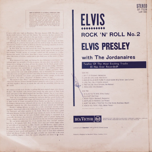 Image of Back Cover of 4614148C: LP - ELVIS PRESLEY WITH THE JORDANAIRES, Elvis Rock 'n' Roll No. 2 (RCA Victor; SF 7528, UK 1971 Reissue, Laminated Front Sleeve)   VG/VG+