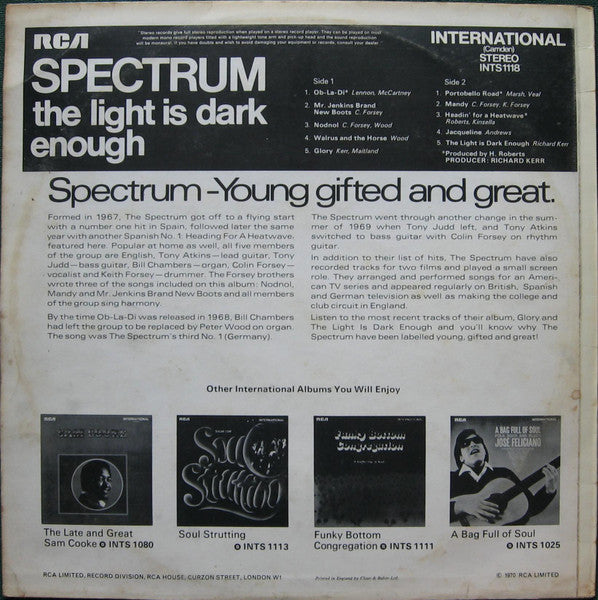 Image of Back Cover of 4644142S: LP - THE SPECTRUM, The Light Is Dark Enough (RCA International (Camden); INTS 1118, UK 1970) Laminate bubbling and light ring wear  VG/VG+