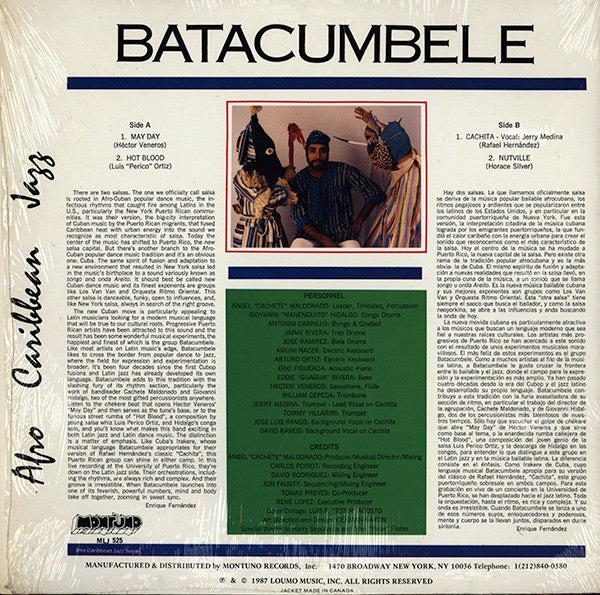 Image of Back Cover of 4614160C: LP - ANGEL "CACHETE" MALDONADO Y SU GRUPO BATACUMBELE, Afro Caribbean Jazz (Montuno Records; MLP 525, US 1987) Lovely copy. Strong VG+ across the board.  VG+/VG+