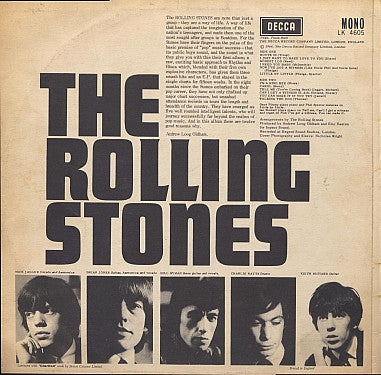 Image of Back Cover of LP - VG/G+ - THE ROLLING STONES, The Rolling Stones (Decca Red Label; LK 4605, UK 1964, Laminated Front Non Flipback Sleeve, Mono, B2V, Cromwell Music Credit Side One (c) 'I Need You Baby' On Both label And Sleeve), Felt Tip Marks On Back Sleeve, Writting '19 Well Road' and Sticker On Side A, Cello-Taped Name.,  - 2746140S
