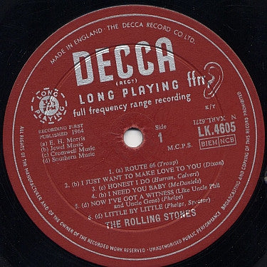 Image of Label Cover of LP - VG/G+ - THE ROLLING STONES, The Rolling Stones (Decca Red Label; LK 4605, UK 1964, Laminated Front Non Flipback Sleeve, Mono, B2V, Cromwell Music Credit Side One (c) 'I Need You Baby' On Both label And Sleeve), Felt Tip Marks On Back Sleeve, Writting '19 Well Road' and Sticker On Side A, Cello-Taped Name.,  - 2746140S