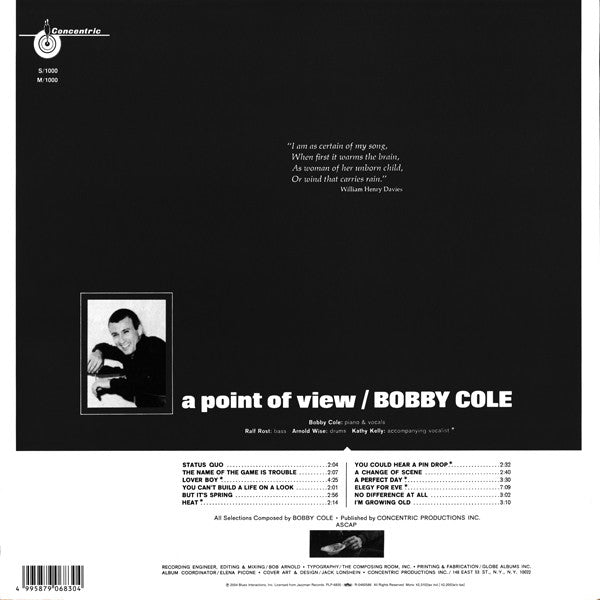 Image of Back Cover of 4644117S: LP - BOBBY COLE, A Point Of View (P-Vine Records; PLP-6830, Japan 2004)   VG+/VG+