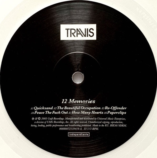 Image of Label Cover of 4614082C: LP - TRAVIS, 12 Memories (Craft Recordings; 00888072159419, Europe 2021 Reissue, Inner, White Vinyl) Still In Stickered Shrinkwrap  EX/VG+