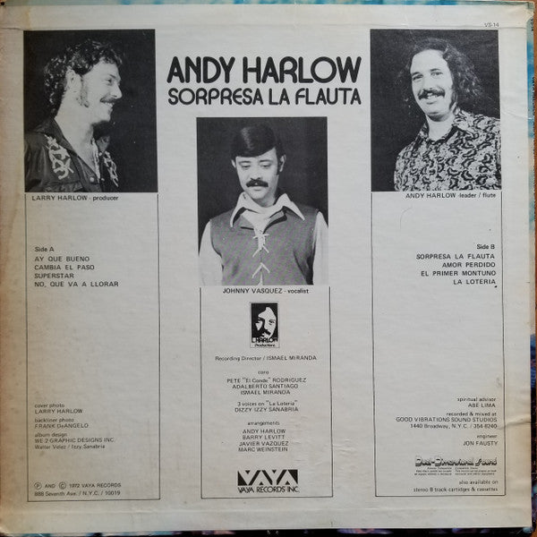 Image of Back Cover of 4644123S: LP - ANDY HARLOW, Sorpresa La Flauta (Vaya Records; VS-14, US 1972) Light mottling. Light edgewear.  VG/VG