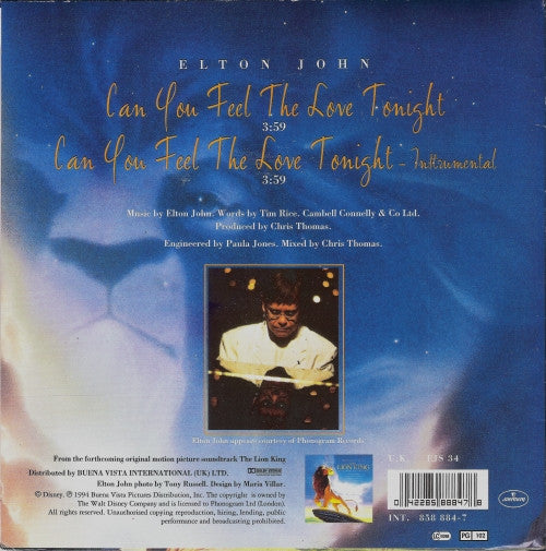 Image of Back Cover of 4624061E: 7" - ELTON JOHN, Can You Feel The Love Tonight (Mercury ; EJS 34, UK 1994, Picture Sleeve) Strong VG  VG+/VG