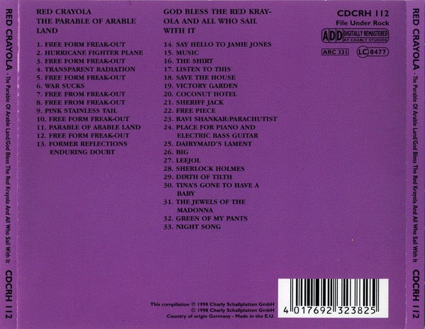 Image of Back Cover of 4634101E: CD - RED CRAYOLA, The Parable Of Arable Land / God Bless The Red Krayola And All Who Sail With It (Charly Records; CDCRH 112, Germany 1998 Reissue, Jewel Case)   VG+/VG+