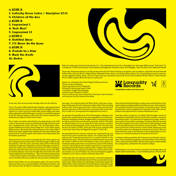 Image of Back Cover of 4644169S: 2xLP - SUN RA ARKESTRA, Live In Kalisz 1986 (Lanquidity Records; LQ009, Poland 2019, Booklet, Yellow vinyl ) Opened from sealed, still in stickered shrinkwrap.   EX/EX