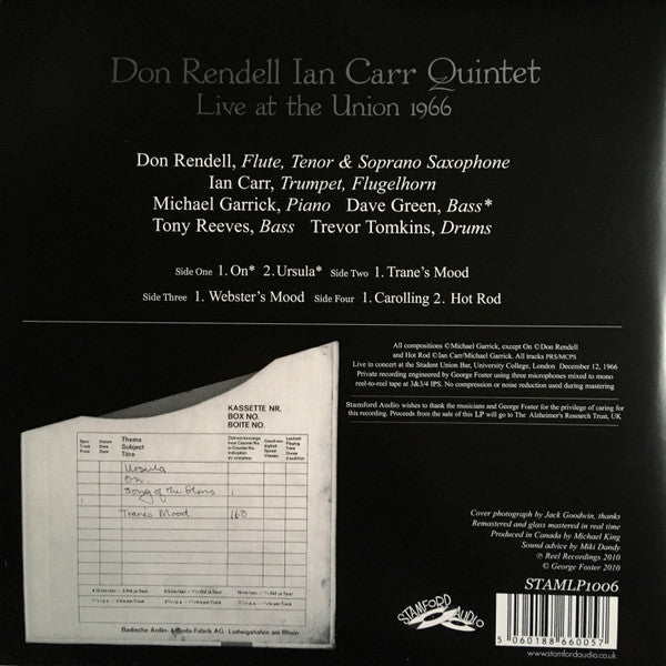 Image of Back Cover of 4644170S: LP - DON RENDELL IAN CARR QUINTET, Live At The Union 1966 (Stamford Audio; STAMLP1006, UK 2010)   VG+/VG+