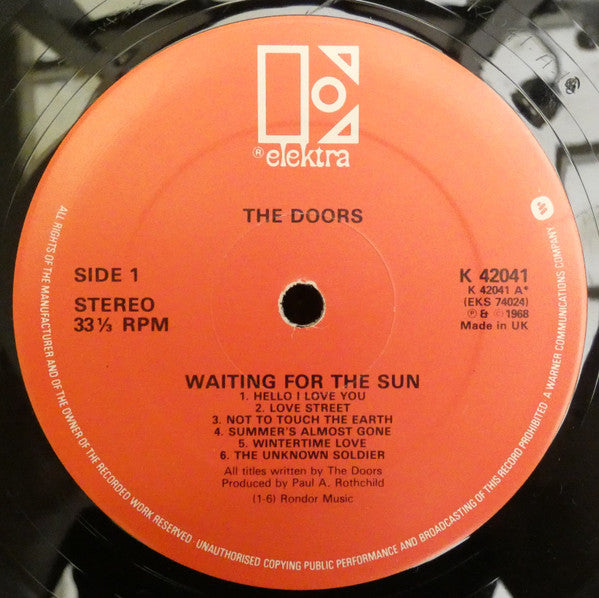 Image of Label Cover of 4644149S: LP - THE DOORS, Waiting For The Sun (Elektra; K 42041, UK 1970s Reissue) Sleeve a tad faded  VG/VG+