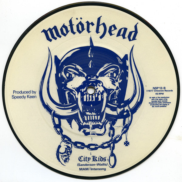 Image of Back Cover of 4624053E: 7" - MOTORHEAD, Motorhead / City Kids (Big Beat; NSP13, UK 1980, Plastic Sleeve, Blue And White Picture Disc)   VG/VG