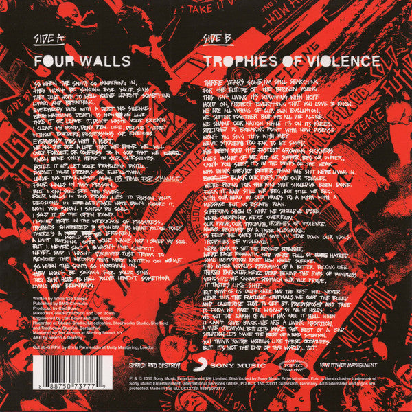 Image of Back Cover of 4624050E: 7" - WHILE SHE SLEEPS, Four Walls / Trophies Of Violence (Sony; 888750737779, Europe 2015, Record Store Day Limited Release 2015)   EX/EX