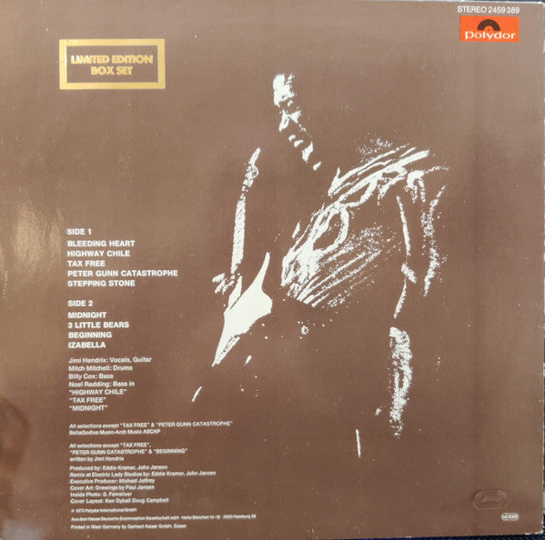 Image of Back Cover of 4624130E: LP - JIMI HENDRIX, War Heroes (Polydor; 2459 389, Europe 1972, German Sleeve, UK Vinyl) Limited Edition Box Set Stamped in Gold on Rear Sleeve  EX/EX