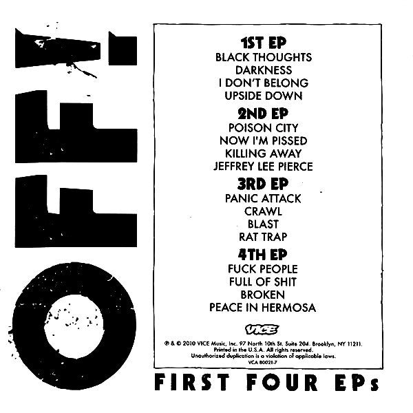 Image of Back Cover of 0526469E: 4x7" - OFF!, First Four EPs (Vice Records ; VCA 80021-7, US 2010 Reissue, Box Set, Booklet) Still In Stickered Shrinkwrap, Vinyl Looks Unplayed  EX/EX