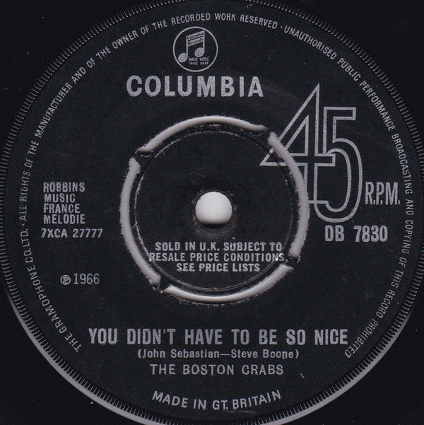 Image of Front Cover of 4624041E: 7" - THE BOSTON CRABS, You Didn't Have To Be So Nice / Gin House (Columbia ; DB 7830, UK 1966, Company Sleeve)   VG/G