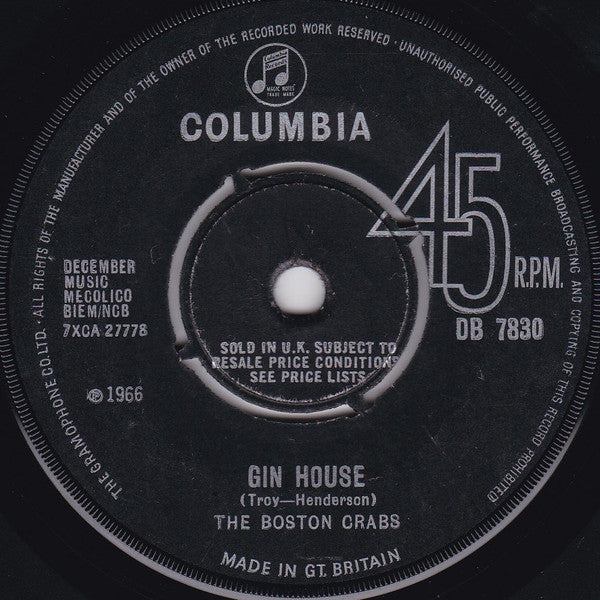 Image of Back Cover of 4624041E: 7" - THE BOSTON CRABS, You Didn't Have To Be So Nice / Gin House (Columbia ; DB 7830, UK 1966, Company Sleeve)   VG/G