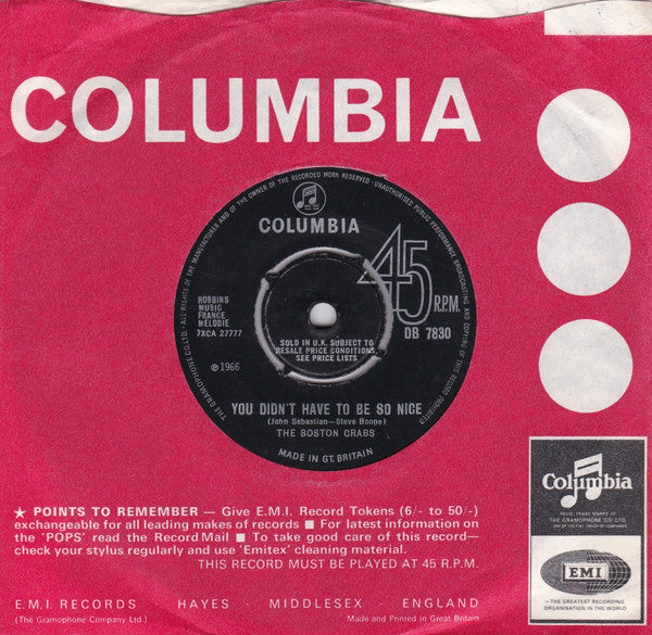 Image of Label Cover of 4624041E: 7" - THE BOSTON CRABS, You Didn't Have To Be So Nice / Gin House (Columbia ; DB 7830, UK 1966, Company Sleeve)   VG/G