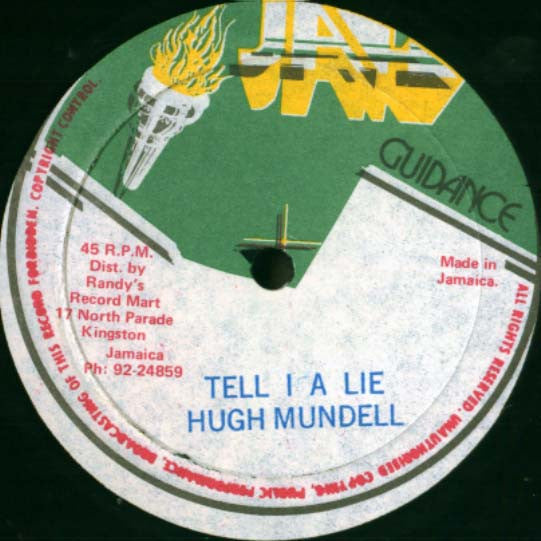 Image of Front Cover of 4624188E: 12" - HUGH MUNDELL, Tell I A Lie / Jah Music (Jah Guidance; VPR 0640, Jamaica 1982) Covered in marks and scuffs, plays well above grade, light crackle only. WOL.  /G+