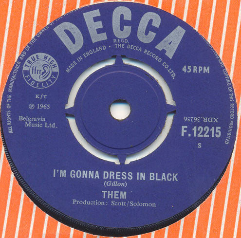 Image of Back Cover of 4624097E: 7" - THEM, (It Won't Hurt) Half As Much / I'm Gonna Dress In Black (Decca ; F.12215, UK 1965, Company Sleeve) Strong VG+ - Nice Copy  VG/VG+