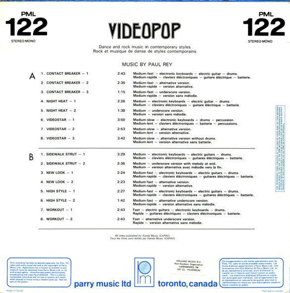 Image of Back Cover of 4644244S: LP - PAUL REY, Videopop (Parry Music Ltd; PML 122, Canada 1985)   VG+/VG+