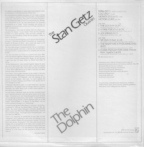 Image of Back Cover of 4614199C: LP - THE STAN GETZ QUARTET, The Dolphin (Concord Jazz; CJ 158, US 1981) Sleeve stained, discoloured, with foxing and wear too. With plastic company inner (creased)  G+/VG