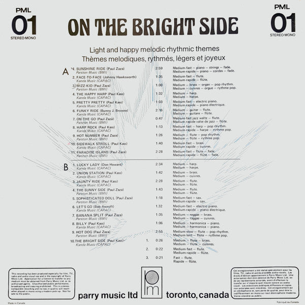 Image of Back Cover of 4644249S: LP - VARIOUS, On The Bright Side (Parry Music Ltd; PML 01, Canada 1977) Edge Wear, Yorkshire Television Sticker  VG/VG+