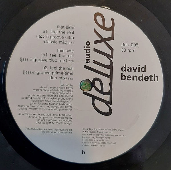 Image of Front Cover of 4614221C: 12" - DAVID BENDETH, Feel The Real (Audio Deluxe ; delx 005, UK 2000, Company Sleeve) Light Marks only.  VG/VG