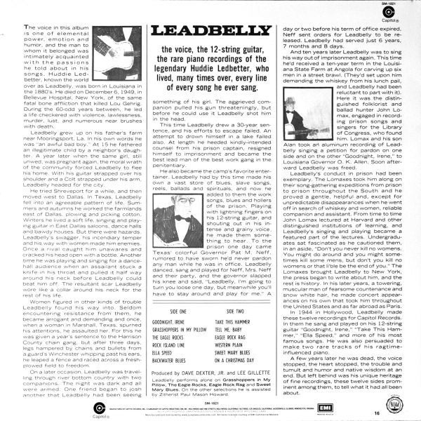 Image of Back Cover of 4614222C: LP - LEADBELLY, Huddie Ledbetter's Best... His Guitar - His Voice - His Piano (Capitol Records; SM-1821, UK 2007)   VG+/VG+