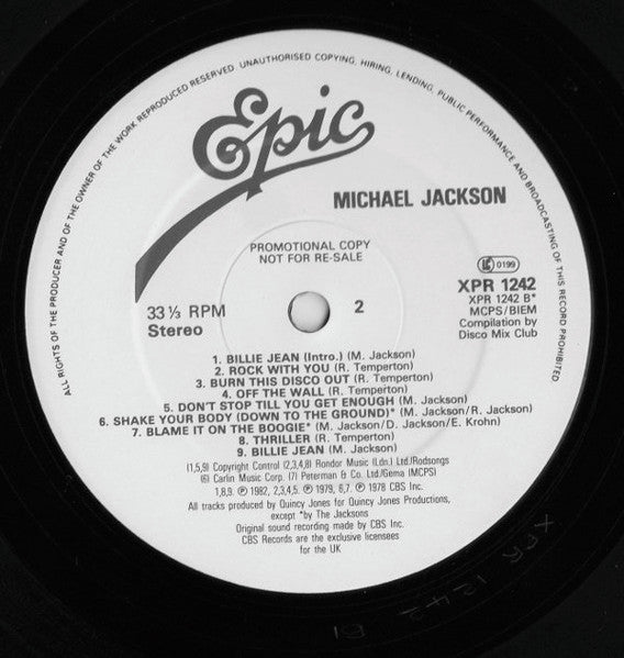 Image of Back Cover of 4624120E: LP - MICHAEL JACKSON, "Epic Megamix" (Epic; XPR 1242, UK 1982, Promo Only, Plain Sleeve)   /G+