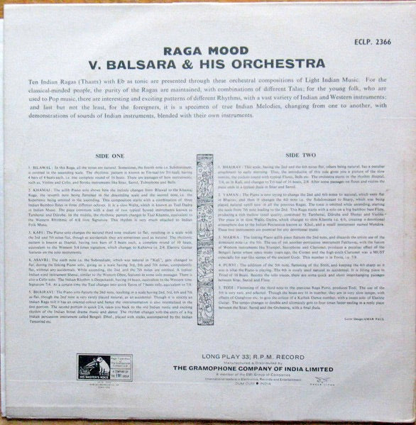 Image of Back Cover of 4614228C: LP - V. BALSARA & HIS ORCHESTRA, Raga Mood (His Master's Voice; ECLP 2366, India 1968, Flipback Sleeve) 5cm seam split to base of sleeve. Sticker and name written on sleeve. Light marks to vinyl.   G+/VG