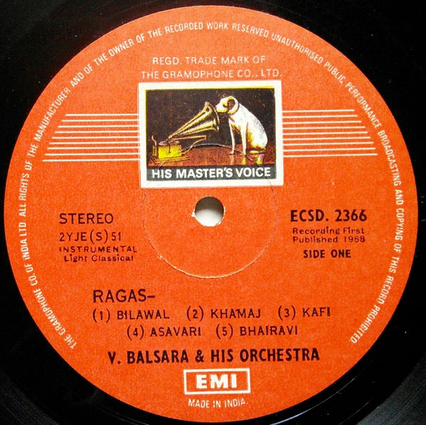 Image of Label Cover of 4614228C: LP - V. BALSARA & HIS ORCHESTRA, Raga Mood (His Master's Voice; ECLP 2366, India 1968, Flipback Sleeve) 5cm seam split to base of sleeve. Sticker and name written on sleeve. Light marks to vinyl.   G+/VG