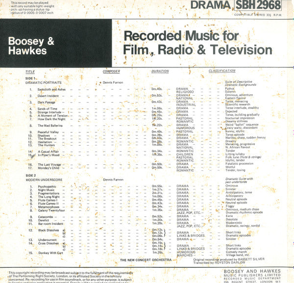 Image of Back Cover of 4644255S: LP - THE NEW CONCERT ORCHESTRA, Drama - Recorded Music For Film, Radio & Television (Boosey & Hawkes; SBH 2968, UK 1974)   VG/VG+