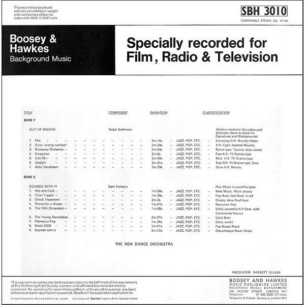 Image of Back Cover of 4644300S: LP - THE NEW DANCE ORCHESTRA, Out Of Moods / Sounds With It (Boosey & Hawkes; SBH 3010, UK 1969)   VG/VG+