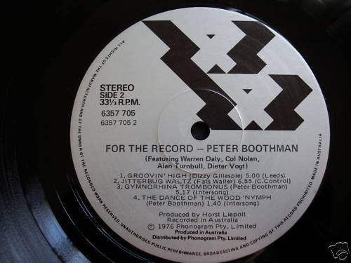 Image of Label Cover of 4624198E: LP - PETER BOOTHMAN, For The Record (44 Records; 6357 705, Australia 1976)   VG+/VG+