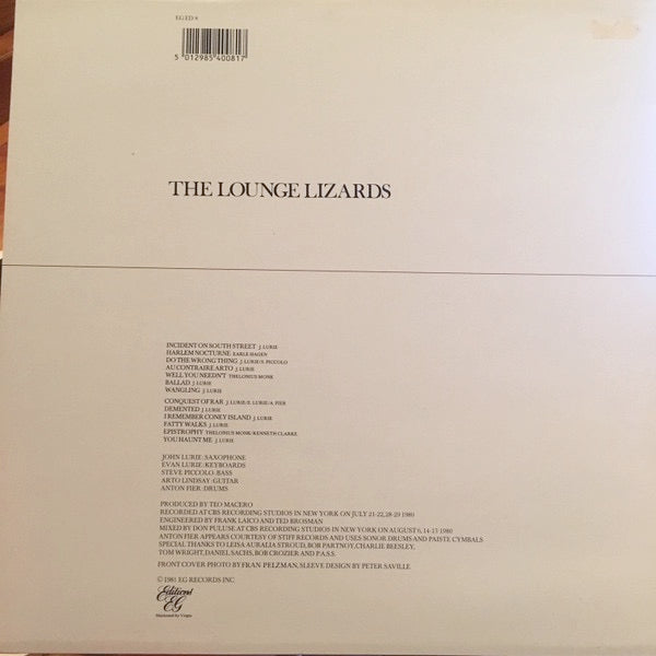 Image of Back Cover of 4614254C: LP - THE LOUNGE LIZARDS, The Lounge Lizards (Editions EG; EGED 8, UK 1990 Reissue, Glossy Sleeve, Company Inner) A few small stains and some discolouration on sleeve  VG/VG