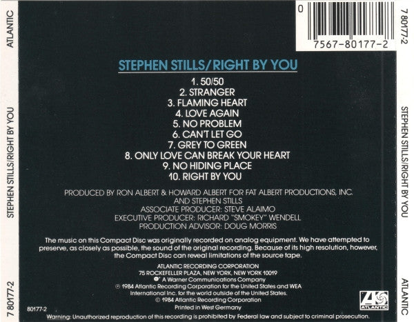 Image of Back Cover of 4634115E: CD - STEPHEN STILLS, Right By You (Atlantic; 7 80177-2, Europe 1984, Jewel Case)   VG+/VG+