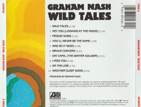 Image of Back Cover of 4634117E: CD - GRAHAM NASH, Wild Tales (Atlantic; 7288-2, US , Jewel Case)   VG+/VG+