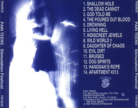 Image of Back Cover of 4634118E: CD - PAIN TEENS, Stimulation Festival (Trance; TR10CD, US 1992, Jewel Case)   VG+/VG+