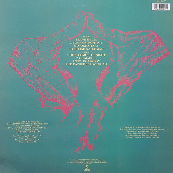 Image of Back Cover of 4614261C: LP - IJAHMAN LEVI, Love Smiles (Jahmani; JMI 1200, UK 1991) Light lines visible under bright lines, plays VG+. Good looking sleeve.  VG+/VG+