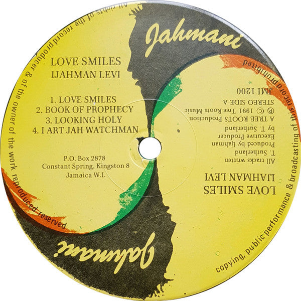 Image of Label Cover of 4614261C: LP - IJAHMAN LEVI, Love Smiles (Jahmani; JMI 1200, UK 1991) Light lines visible under bright lines, plays VG+. Good looking sleeve.  VG+/VG+