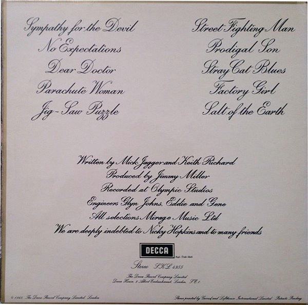 Image of Back Cover of 4614232C: LP - ROLLING STONES, Beggars Banquet (Decca; SKL 4955, UK 1968, Gatefold, Company Inner, Stereo, No Cross Parentheses around XZAL8477 on Side 2) Nice copy, Light hairlines only, Glossy vinyl, Light ring wear  VG/VG