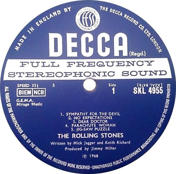 Image of Label Cover of 4614232C: LP - ROLLING STONES, Beggars Banquet (Decca; SKL 4955, UK 1968, Gatefold, Company Inner, Stereo, No Cross Parentheses around XZAL8477 on Side 2) Nice copy, Light hairlines only, Glossy vinyl, Light ring wear  VG/VG