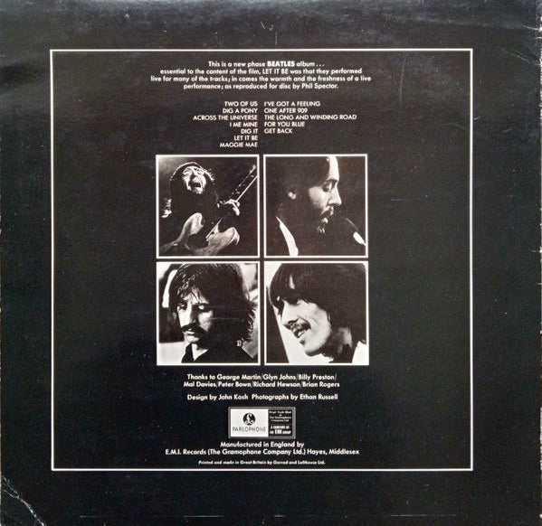 Image of Back Cover of 4614282C: LP - THE BEATLES, Let It Be (Apple Records; PCS 7096, UK 1970s Reissue, Export Issue) Strong VG, Glossy vinyl, A couple of light marks, Sleeve has spine and edge pinches  VG/VG